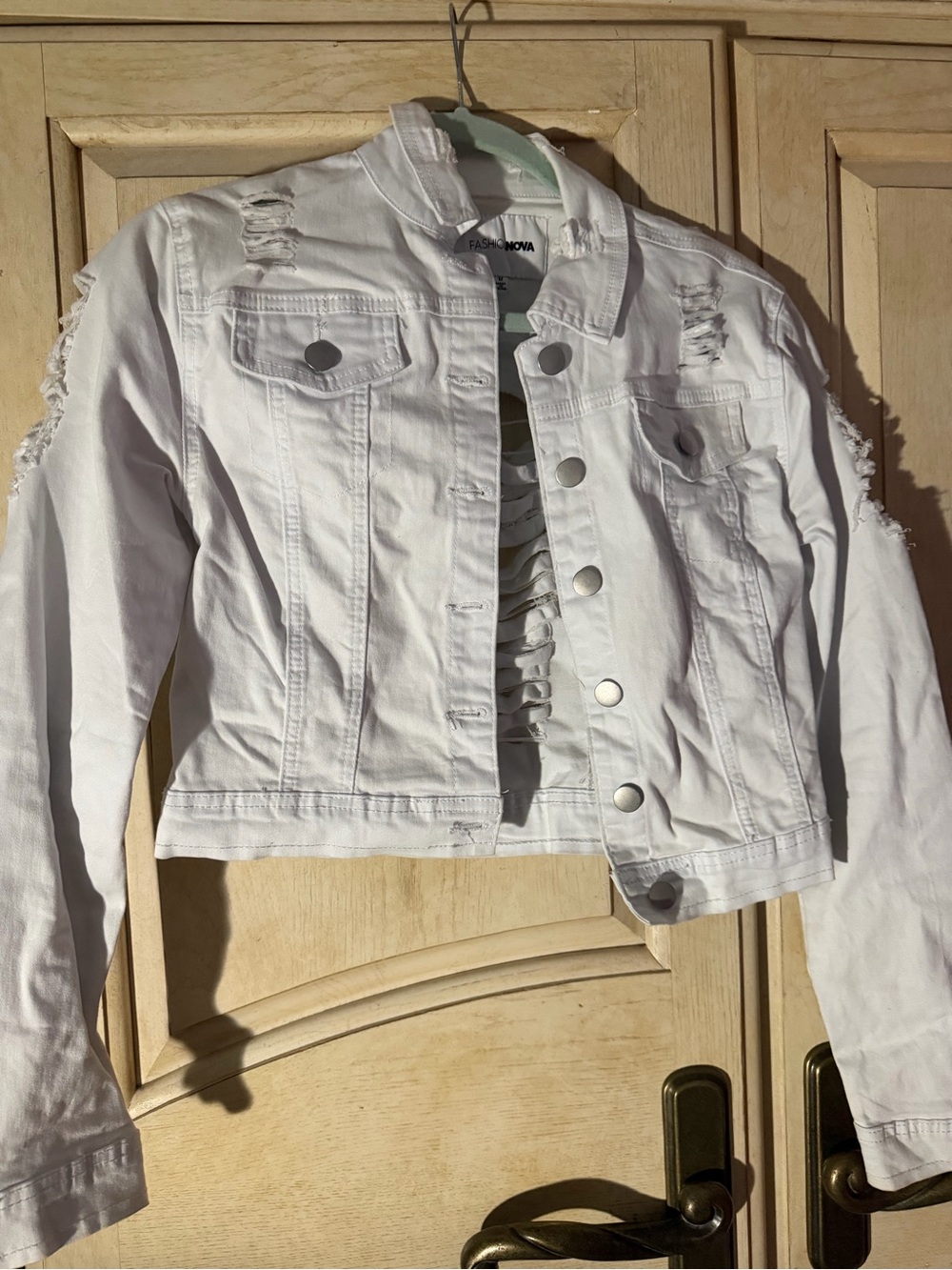 Fashion Nova White Distressed Crop Denim Jacket with Ripped Front